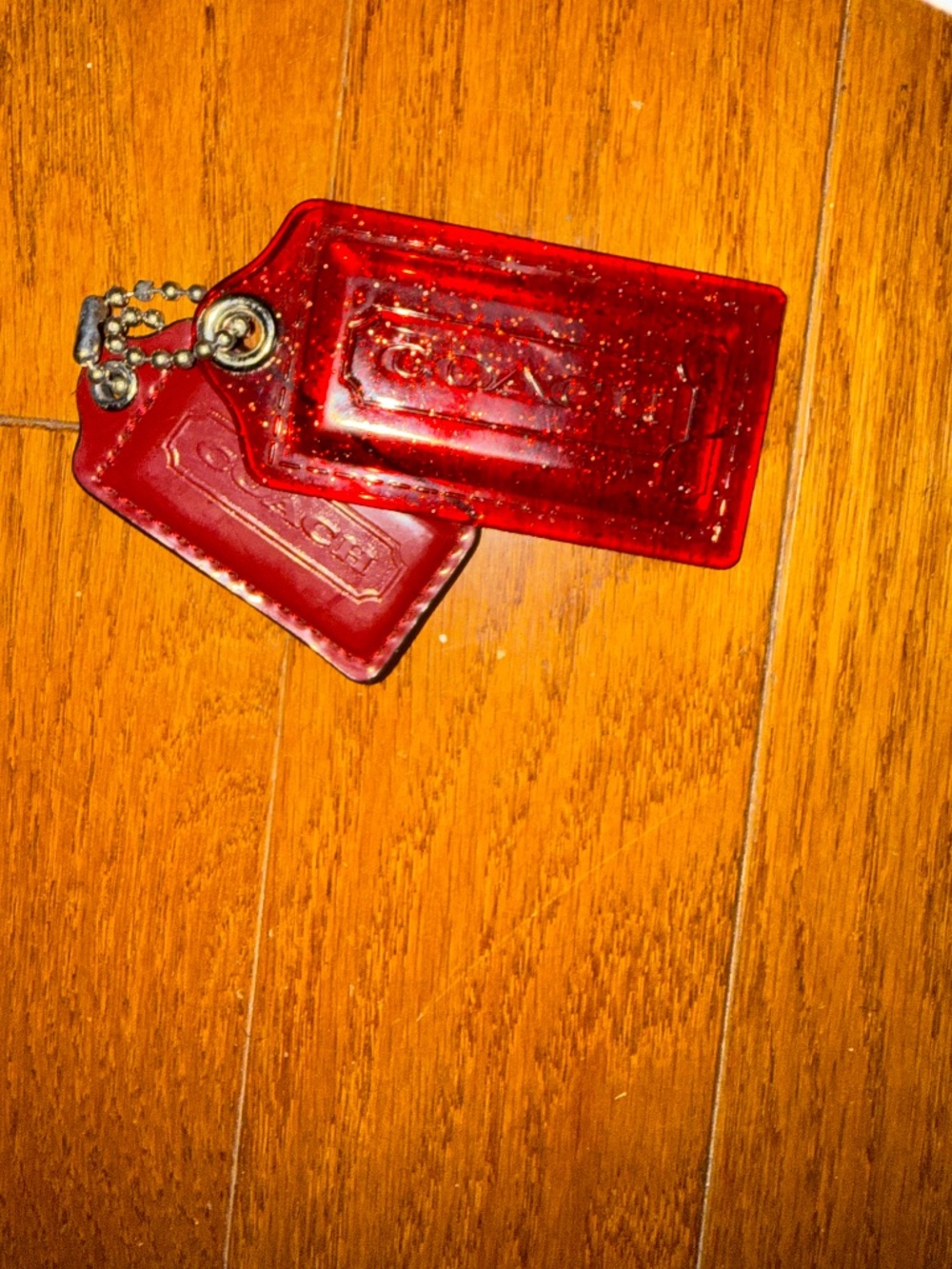 Coach Poppy Red Glitter Acrylic and Leather Dual Hang Tag Set Rare HTF Color